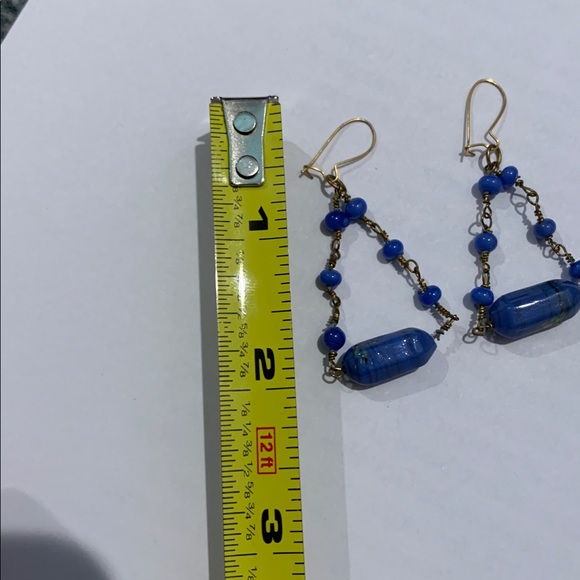 Vintage Victorian style blue glass bead and brass wire Dangle pierced Earrings - Picture 2 of 4